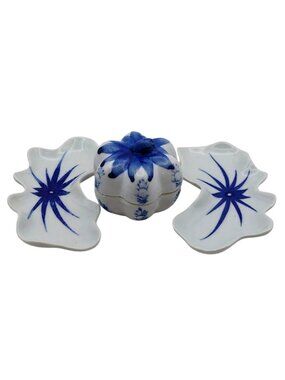 Vintage Blue & White Floral Porcelain Pumpkin Trinket Box & 2 Bone Dishes